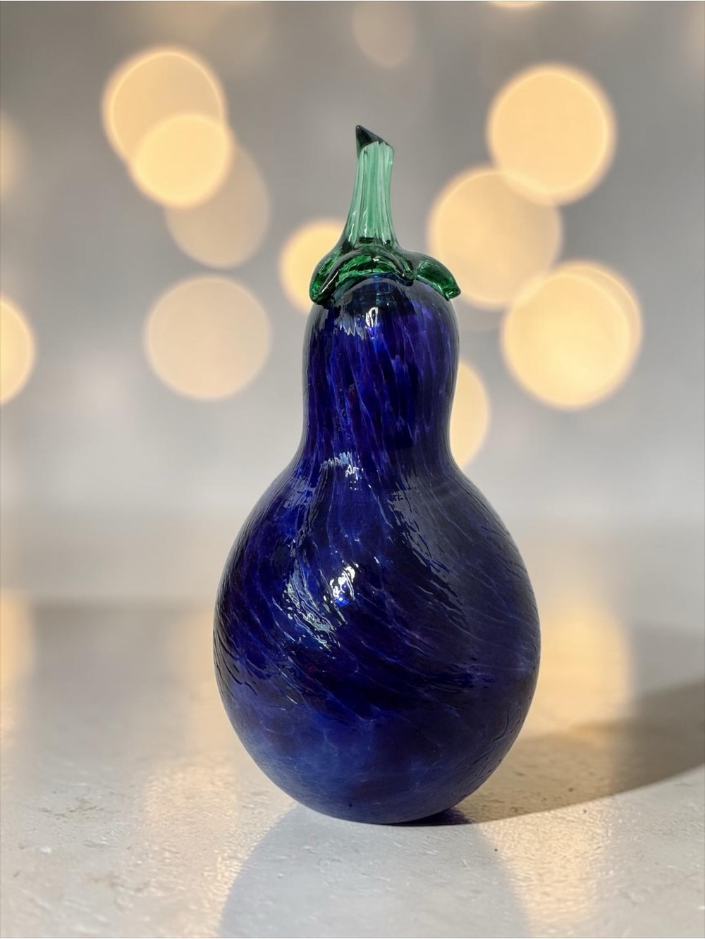 Hand-Blown Glass eggplant Sculpture in Deep Blue purple with Green Stem